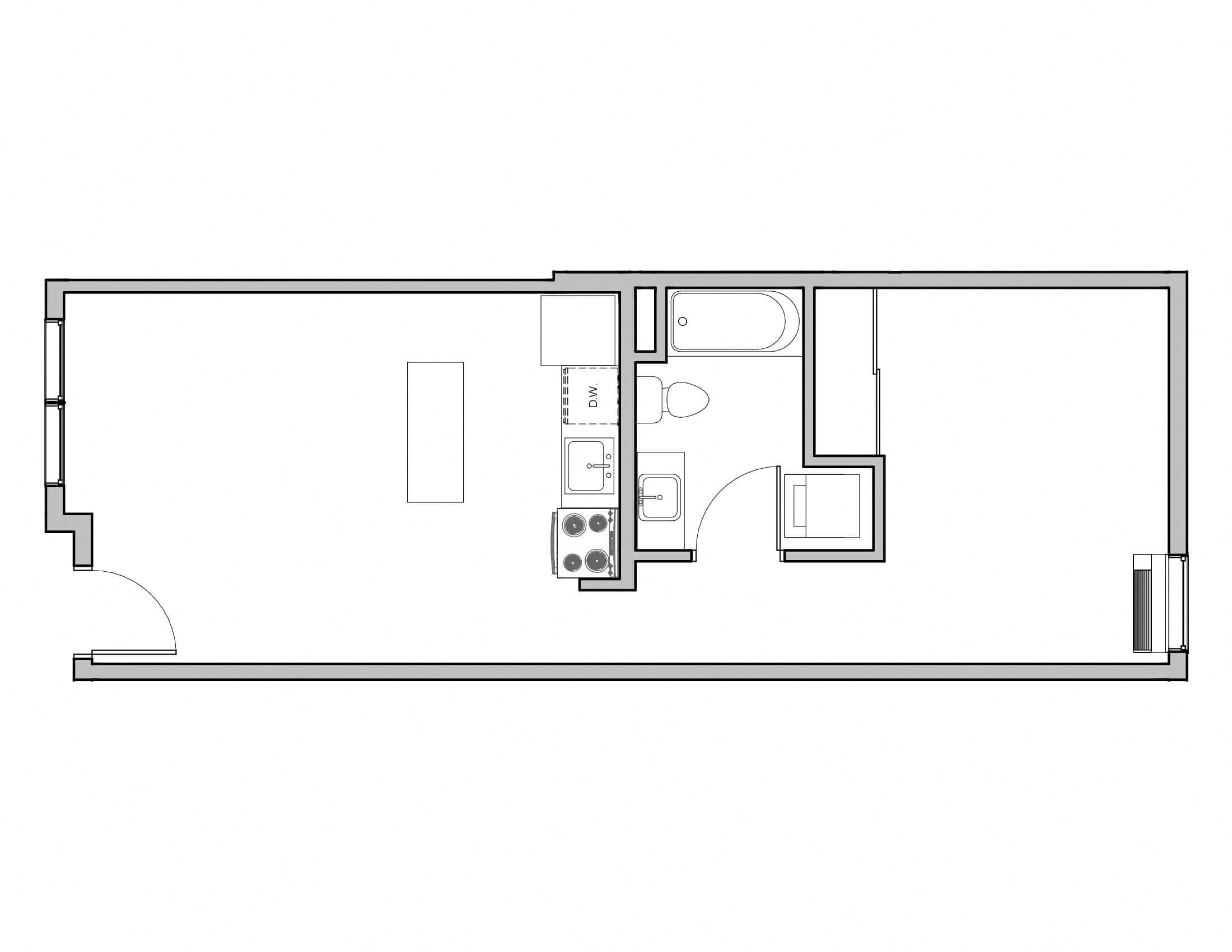Floor plan for 1 bed, 1 bath, 566 sqft